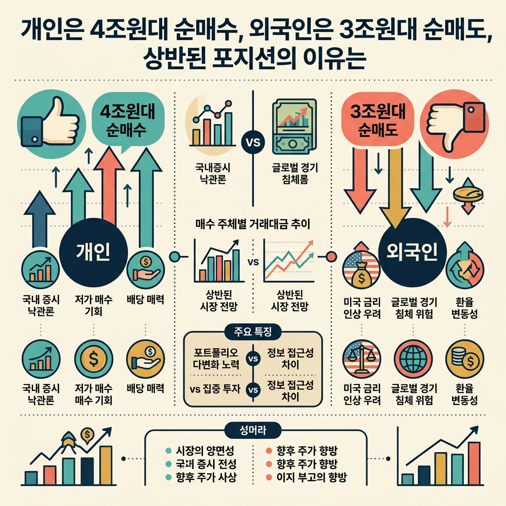 개인은 4조원대 순매수, 외국인은 3조원대 순매도, 상반된 포지션의 이유는