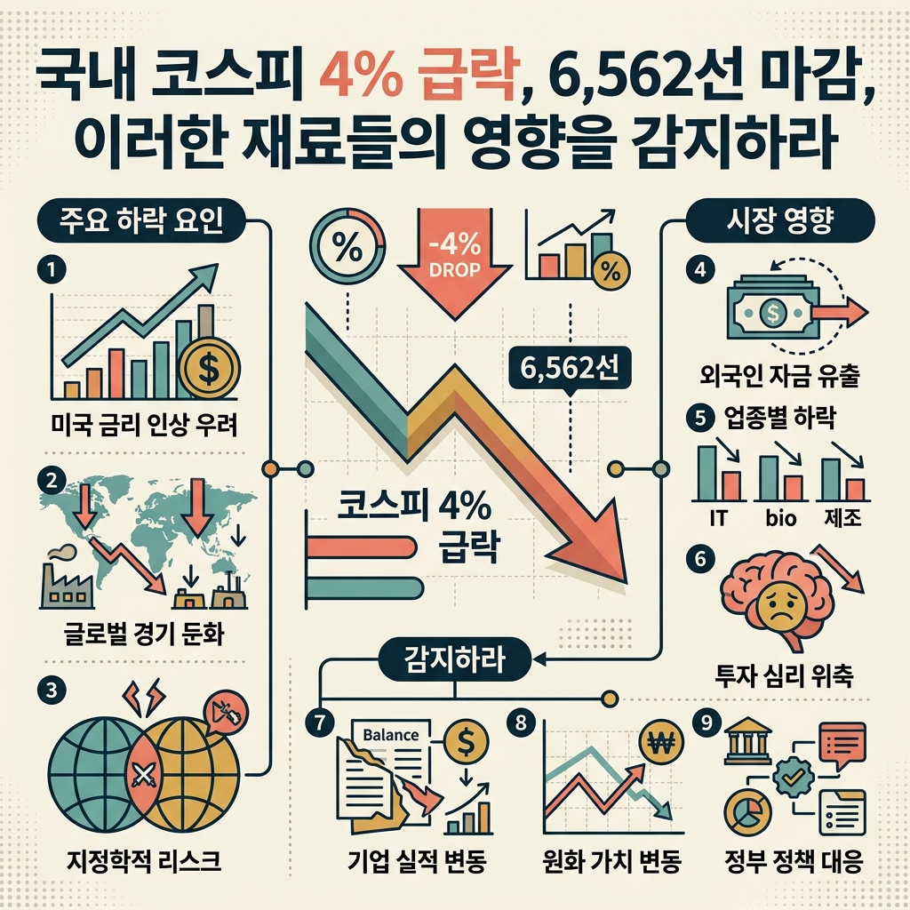국내 코스피 4% 급락, 6,562선 마감, 이러한 재료들의 영향을 감지하라