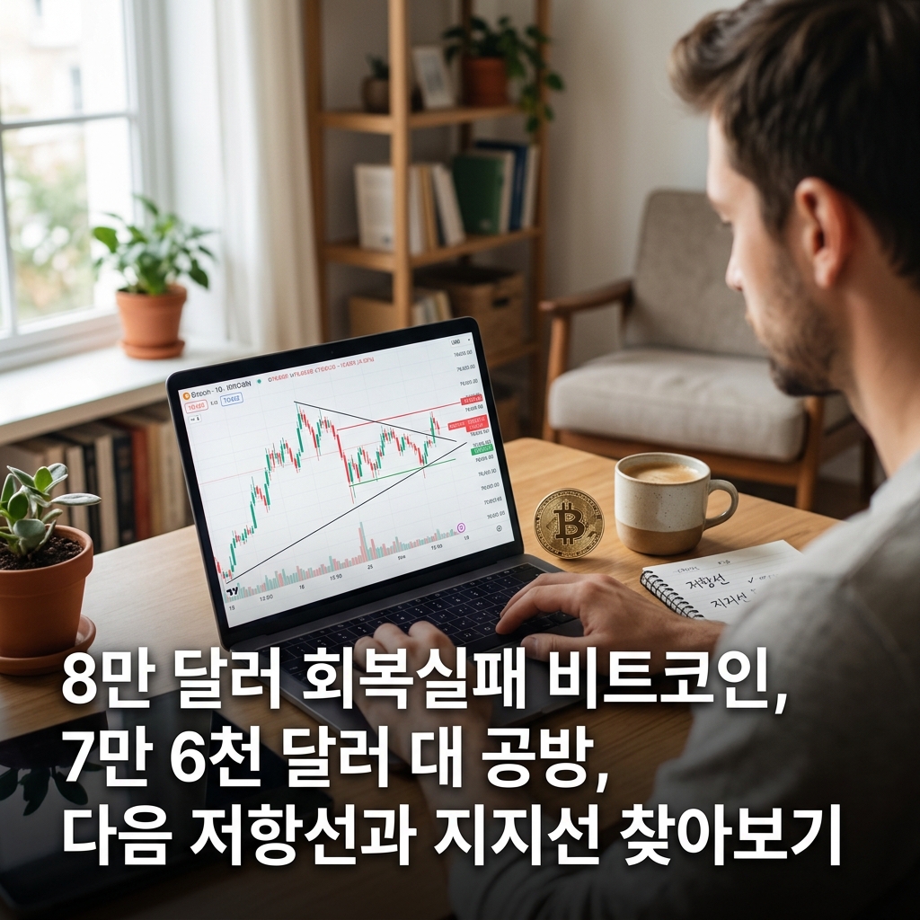 8만 달러 회복실패 비트코인, 7만 6천 달러 대 공방, 다음 저항선과 지지선 찾아보기